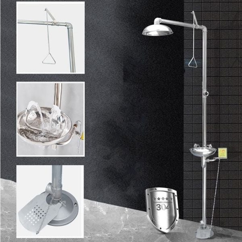 Bồn Rửa Mắt Và Tắm Khẩn Cấp Đứng Có Tay Cầm, Có Vòi Sen, Loại Có Chân Đạp Bằng Inox Không Gỉ 304
