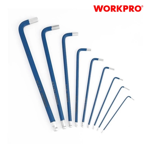 Bộ lục giác đầu bi kiểu L, 9 cái hệ mét (1.5,2,2.5,3,4,5,6,8,10mm) thép hợp kim CR-V Workpro - WP222011
