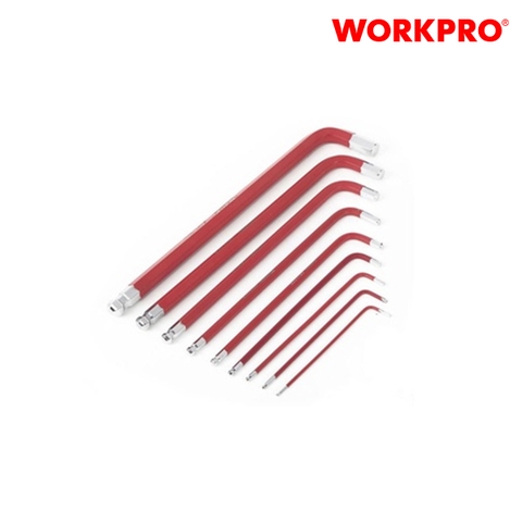 Bộ lục giác đầu bi kiểu chữ L, loại dài 9 cái hệ inch (1/16,5/64,3/32,1/8,5/32,3/16,1/4,5/16,3/8) thép hợp kim CR-V Workpro - WP222013