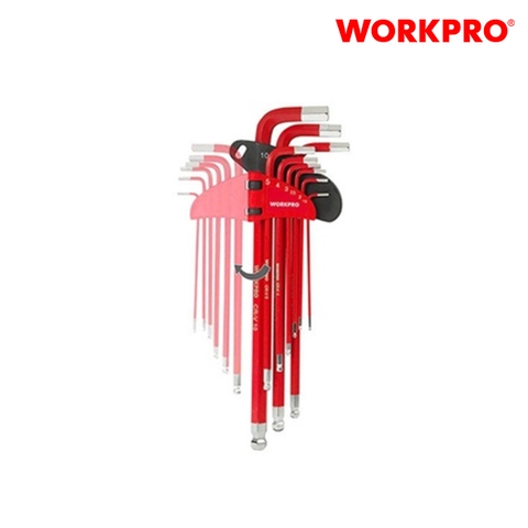 Bộ lục giác đầu bi kiểu chữ L, loại dài 9 cái hệ inch (1/16,5/64,3/32,1/8,5/32,3/16,1/4,5/16,3/8) thép hợp kim CR-V Workpro - WP222013