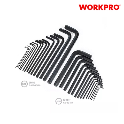 Bộ lục giác đầu bẳng, kiểu chữ L, loại dài 30 cái gồm (15 cái hệ inch, 15 cái hệ mét, thép hợp kim CR-V Workpro - WP222018