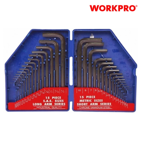 Bộ lục giác đầu bẳng, kiểu chữ L, loại dài 30 cái gồm (15 cái hệ inch, 15 cái hệ mét, thép hợp kim CR-V Workpro - WP222018
