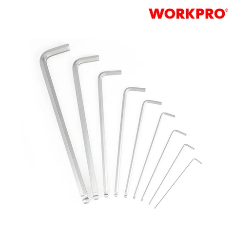 Bộ lục giác S2 đầu Bi, kiếu chữ L, loại dài, 9 cái hệ mét(1.5,2,2.5,3,4,5,6,8,10), thép hợp kim CR-V Workpro - WP222035