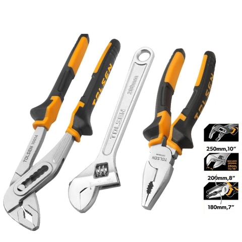 Bộ 3 dụng cụ kềm răng 180mm, kềm mỏ quạ 250mm, mỏ lết cán trơn 8