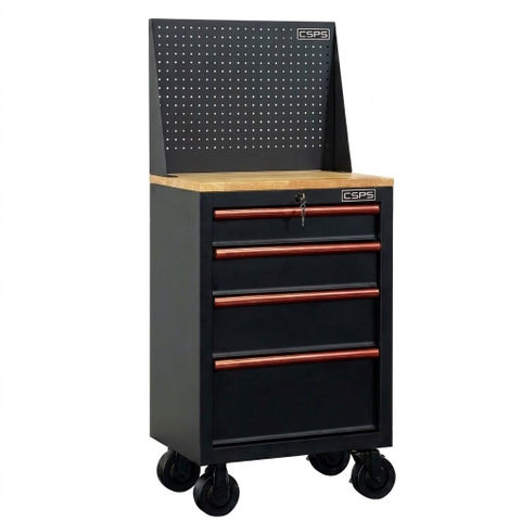 Tủ đồ nghề CSPS 61cm - 04 hộc kéo màu đen tay cầm đỏ, bánh xe, mặt ván gỗ, vách lưới