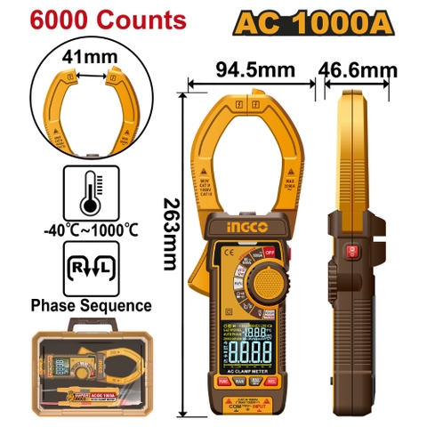 Ampe Kềm Đo AC 1000A-6000 Số Đếm INGCO DCM610001