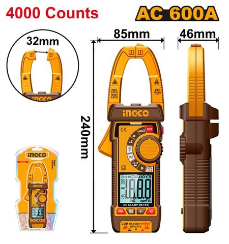 Ampe Kềm Đo AC 600A-4000 Số Đếm INGCO DCM66001
