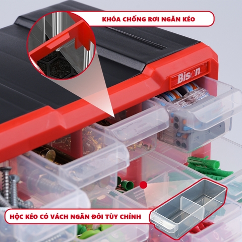 Hộp đựng linh kiện Bison nhiều ngăn có ghép nối Tủ nhựa nguyên sinh chắc chắn, dùng đựng đinh, ốc vít, linh kiện điện tử BS38688