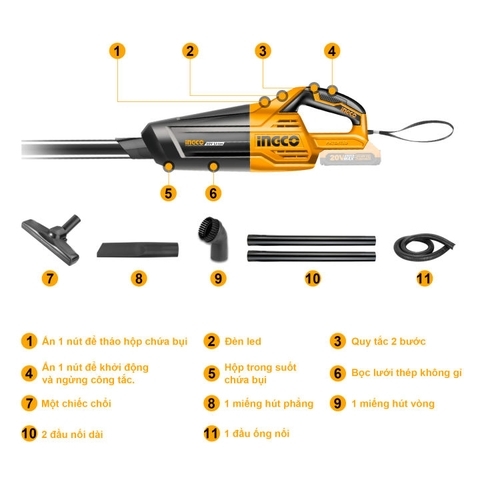 Máy Hút Bụi Dùng Pin INGCO 20V 0,7L CVLI2001 chi tiết