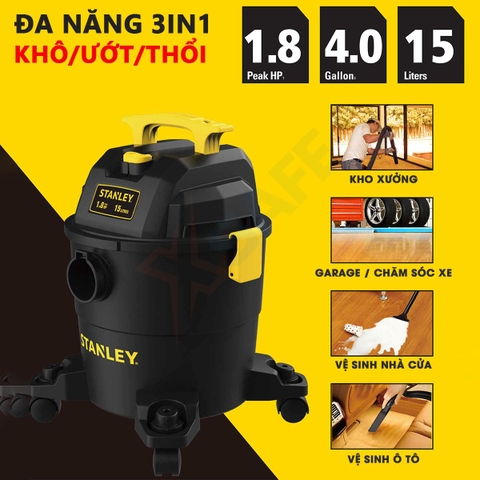 Máy hút bụi 3 chức năng - Khô/Ướt/Thổi Stanley USA - SL19301P-4A. Công suất 1.8HP, dung tích 15l.