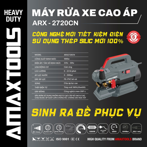 Máy Rửa Xe Chỉnh Áp Amaxtools ARX-2720CN 1890W, Áp Suất 200 Bar