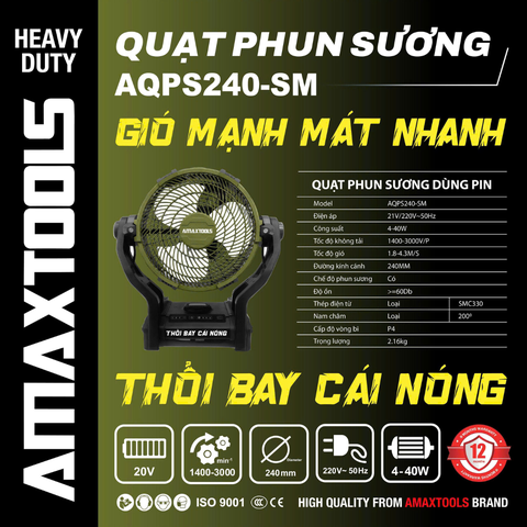 Quạt Phun Sương Amaxtools AQPS240-SM 40W, Dùng Điện Và Pin 21V