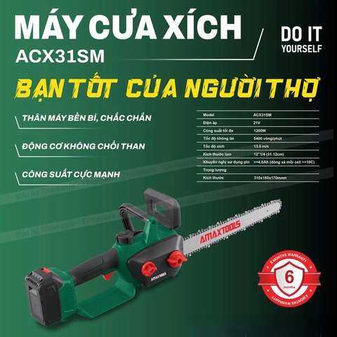 Máy Cưa Xích Pin Amaxtools ACX31SM 21V, Lam Cưa 12 Inch