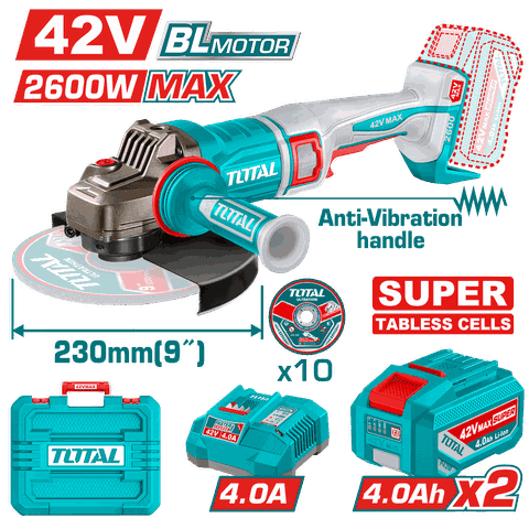 Máy Mài Góc Dùng Pin TOTAL TAGLI4260182 230mm 42V Kèm 2 Pin 4.0Ah Và Sạc