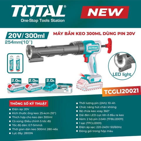 Máy bắn keo 300ml dùng pin 20V TOTAL TCGLI20021