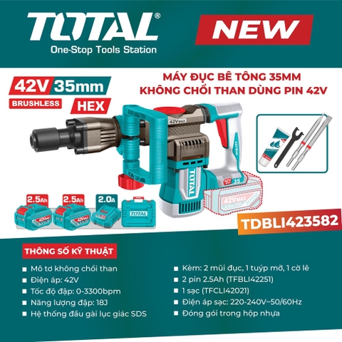 Máy đục bê tông 35mm không chổi than dùng pin 42V TOTAL TDBLI423582