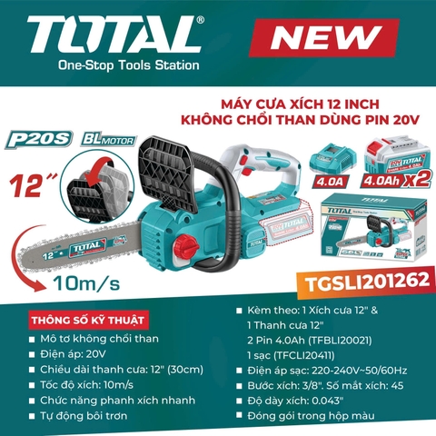 Máy cưa xích 12inch không chổi than dùng pin 20V Total TGSLI201262