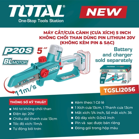 Máy cắt/ cưa cành (cưa xích) 5inch không chổi than dùng pin Lithium 20V (không kèm pin và sạc) Total TGSLI2056