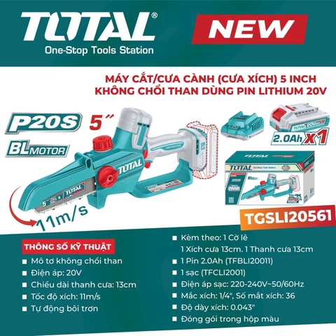 Máy cắt/ cưa cành (cưa xích) 5inch không chổi than dùng pin Lithium 20V Total TGSLI20561