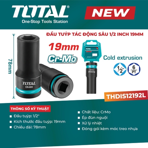 Đầu tuýp tác động sâu 1/2 Inch 19mm TOTAL THDIS12192L