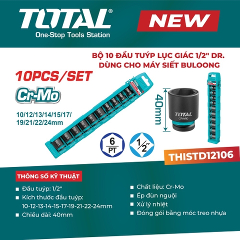 Bộ 10 đầu tuýp lục giác 1/2