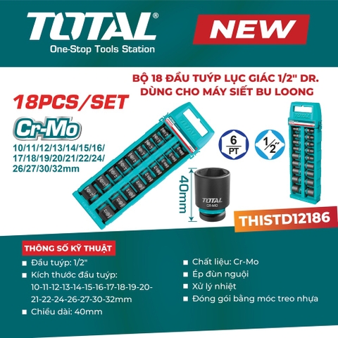 Bộ 18 đầu tuýp lục giác 1/2