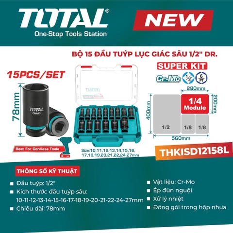 Bộ 15 đầu tuýp lục giác sâu 1/2