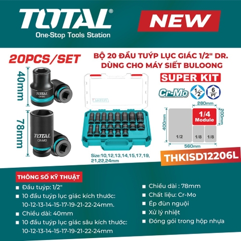 Bộ 20 đầu tuýp lục giác 1/2