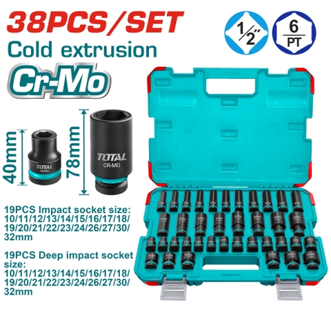Bộ 38 Đầu Tuýp Lục Giác 1/2 Inch Total THKISD12388L Dùng Cho Máy Siết Bu Lông