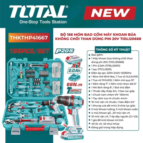 [Sale Lễ 2/9] Bộ Máy Khoan Búa Pin 20V 166 Chi Tiết Total TIDLI20668 THKTHP41667