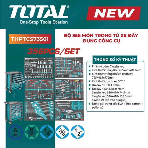 Bộ 356 món trong tủ xe đẩy đựng công cụ Total THPTCS73561