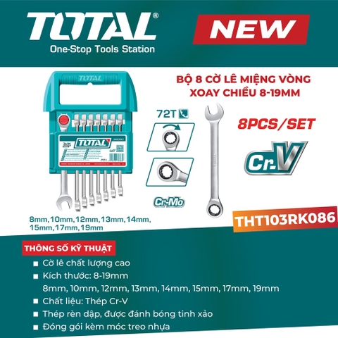 Bộ 8 cờ lê miệng vòng xoay chiều 8–19mm TOTAL THT103RK086