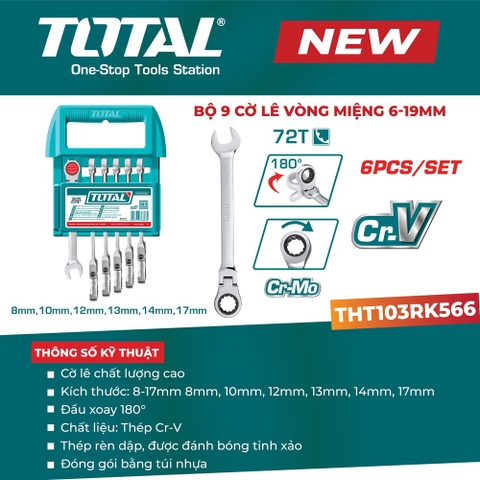 Bộ 6 cờ lê miệng vòng xoay chiều linh hoạt 8–17mm TOTAL THT103RK566
