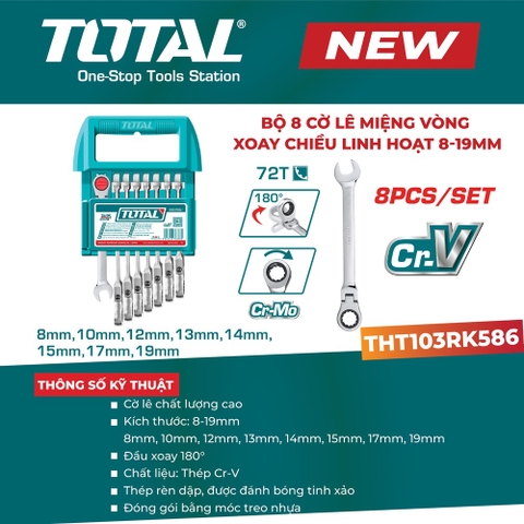Bộ 8 cờ lê miệng vòng xoay chiều linh hoạt 8–19mm TOTAL THT103RK586