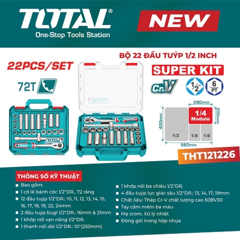 Bộ 22 đầu tuýp 1/2 Inch TOTAL THT121226
