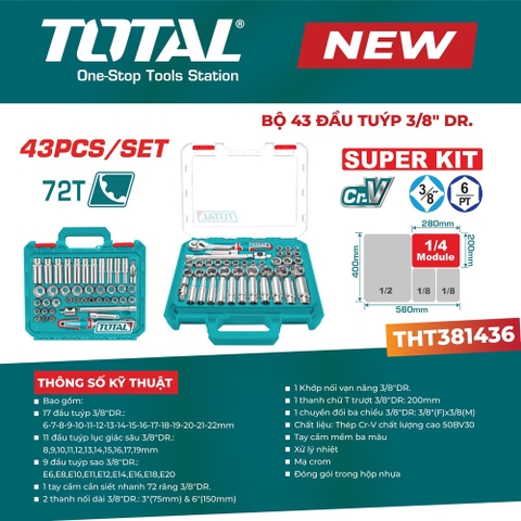 Bộ 43 đầu tuýp 3/8