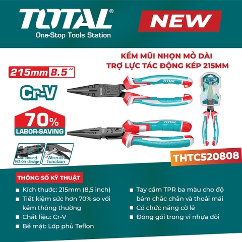 Kìm mũi nhọn mỏ dài trợ lực tác động kép 215mm TOTAL THTC520808