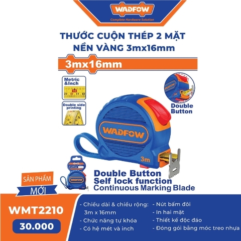 Thước cuộn thép 2 mặt nền vàng 3mx16mm WadFow WMT2210