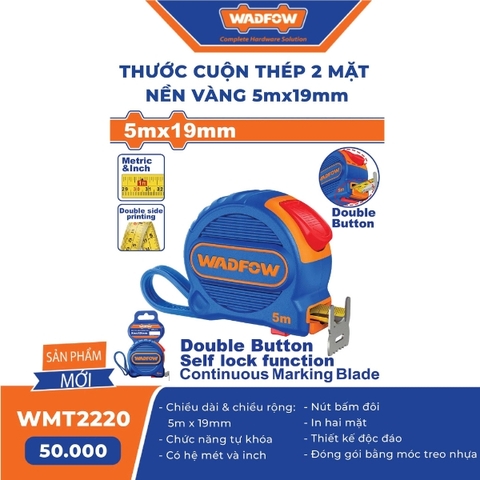 Thước cuộn thép 2 mặt nền vàng 5mx19mm WadFow WMT2220