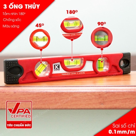 Thước thủy Kapro 227, bằng kim loại, chiều dài 23cm, có nam châm