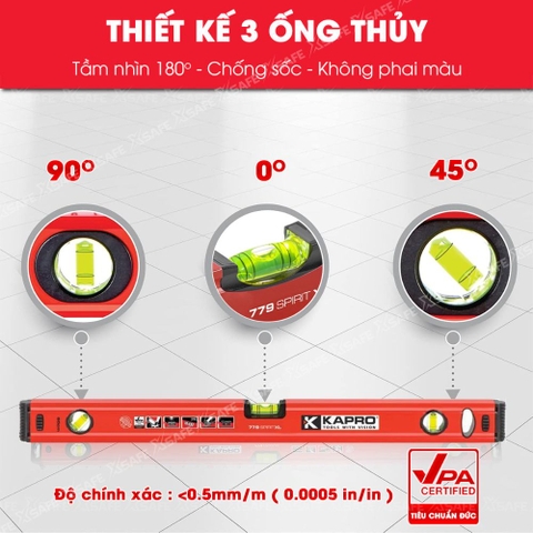 Thước Thủy Kapro 779X 100Cm Thân Kim Loại, 3 Ống Thủy