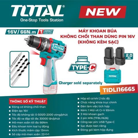 Máy khoan búa không chổi than dùng pin 16V TOTAL TIDLI16665 – Không kèm sạc
