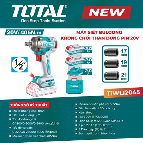 Máy siết bu lông không chổi than dùng pin 20V TOTAL TIWLI2045