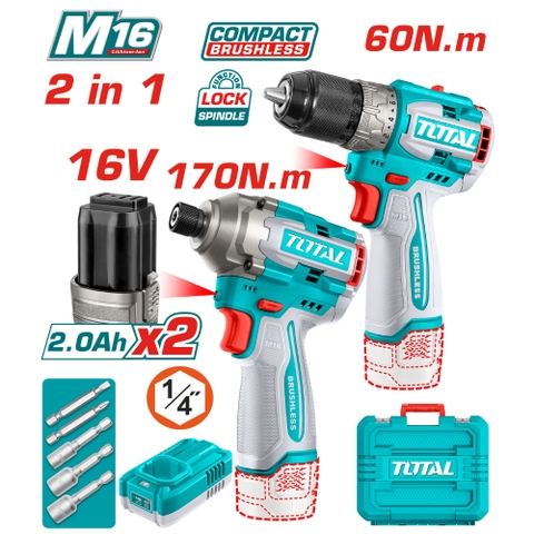 Bộ Combo Máy Khoan TDLI16681 & Máy Siết Vít TIRLI16171 Không Chổi Than  Dùng Pin 16V Total TOSLI240968