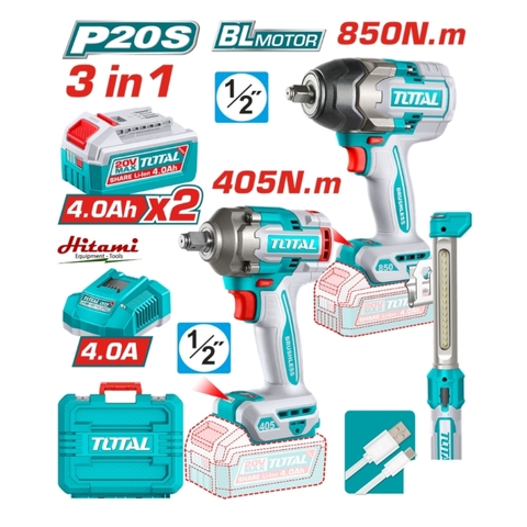 Bộ combo 2 máy siết bulong và 1 đèn làm việc Total TOSLI260285
