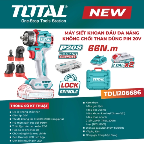 Máy siết vít đa năng dùng pin 20V 66Nm TOTAL TDLI206686 (kèm 2 pin + sạc)