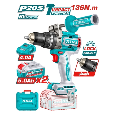 Máy khoan búa dùng pin 20V 136Nm TOTAL TIDLI201368 (kèm 2 pin 5Ah + sạc)