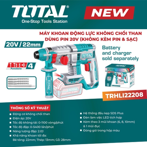 Máy khoan động lực không chổi than dùng pin 20V TOTAL TRHLI22208 – Không kèm pin & sạc
