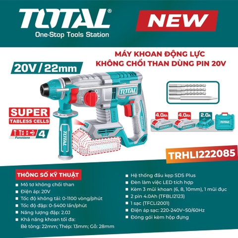 Máy khoan động lực không chổi than dùng pin 20V TOTAL TRHLI222085