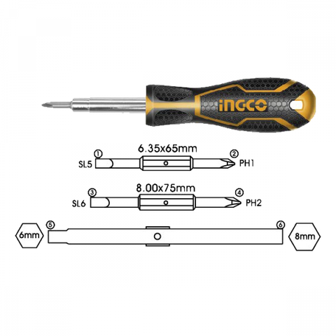 Tuốc nơ vít 6 đầu INGCO AKISD0608 Xsafe